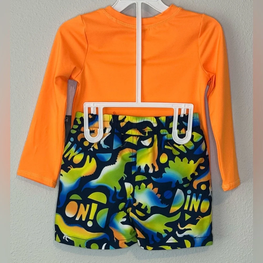 Okie Dokie Toddler Boys Dinosaur Rash Guard Shirt /Swim Trunks Set NWT Size 12M